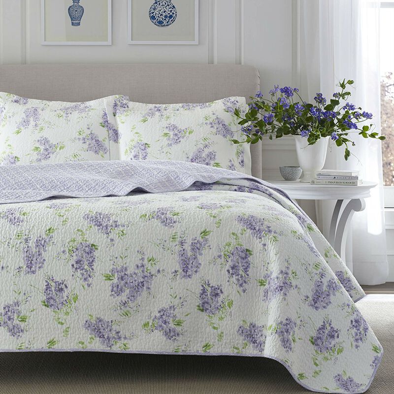 QuikFurn Full / Queen size 3-Piece Cotton Quilt Set with White Purple Floral Pattern