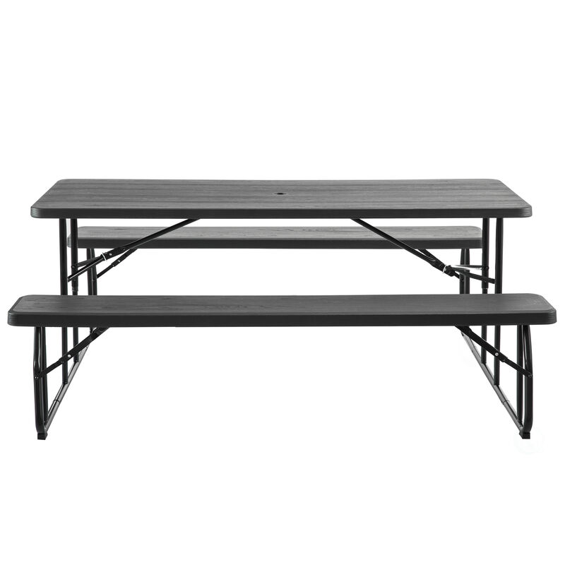 Outdoor Foldable Woodgrain Picnic Table Set with Metal Frame 6 Ft. Black