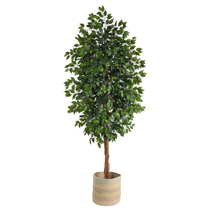 Nearly Natural 8-ft Ficus Tree in Handmade Natural Multicolored Woven Planter