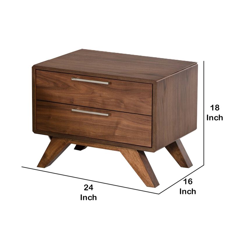 2 Drawer Wooden Nightstand with Metal Bar Handles and Angled Legs, Brown-Benzara