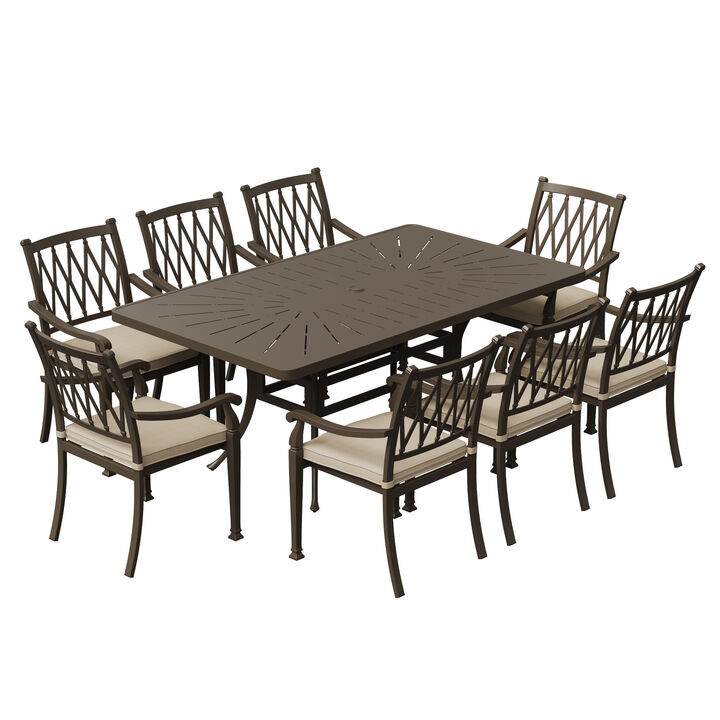 Mondawe 9-Piece Cast Aluminum Patio Dining Set 1 Rectangle Retro Table and 8 Dining Chairs with Cushion