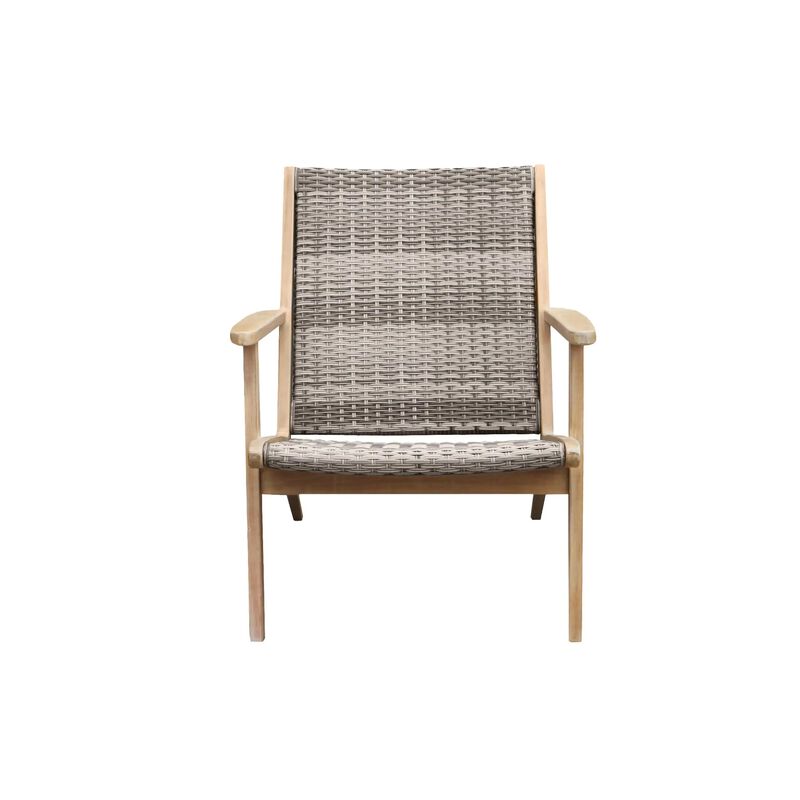 3 Piece Outdoor Set 2 Chairs and End Table, Gray Woven Wicker, Brown Acacia - Benzara