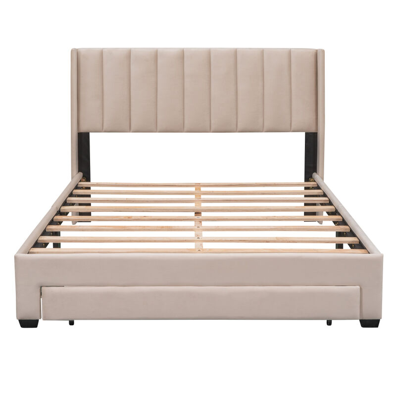 Queen Size Storage Bed Velvet Upholstered Platform Bed with a Big Drawer