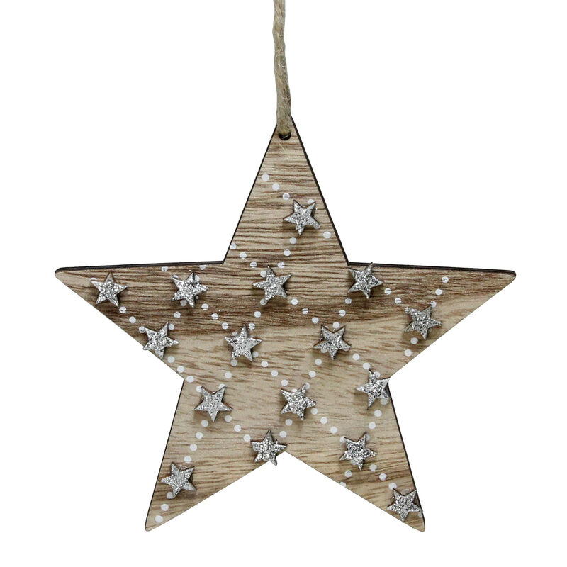 4.5" Brown and Silver Wooden Star Hanging Christmas Ornament