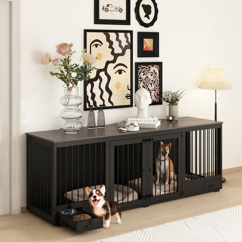 Black Large Furniture Style Dog Crate with Dog Feeding Area, Large Dog Crate with Removable Irons for 2 Medium Dogs