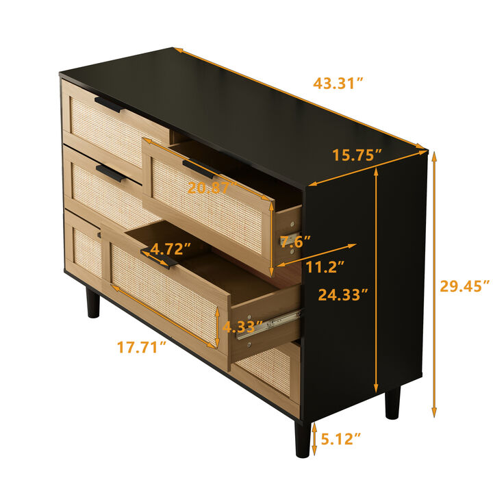6 drawers Rattan dresser Rattan Drawer, Bedroom, Living Room (Black)