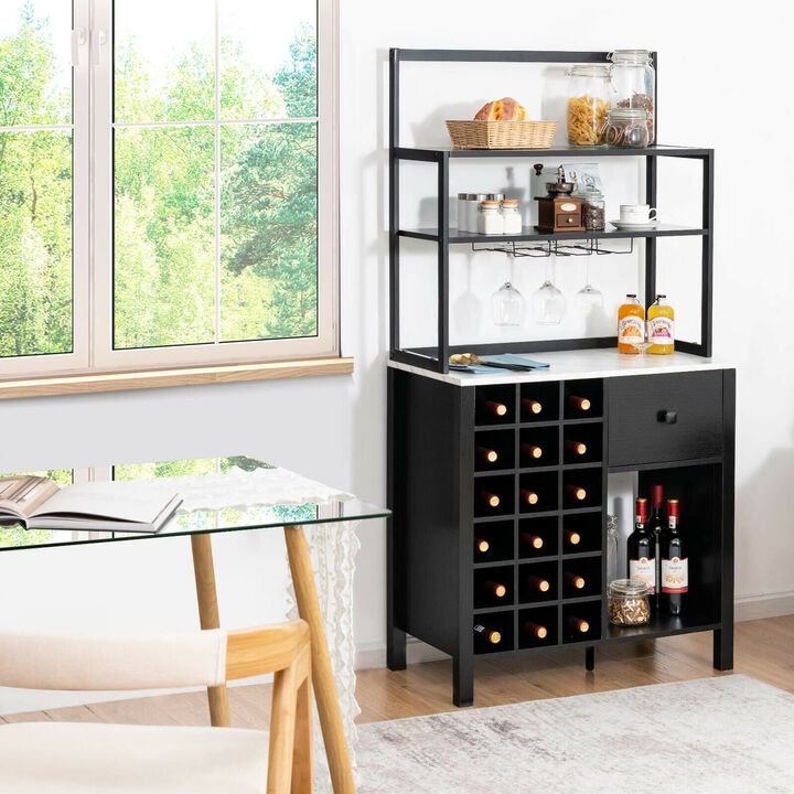 Kitchen Bakers Rack Freestanding Wine Rack Table with Glass Holder and Drawer