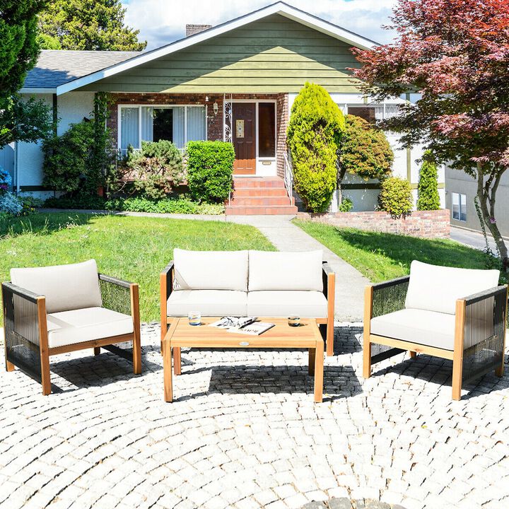 4 Pieces Acacia Wood Outdoor Patio Furniture Set with Cushions