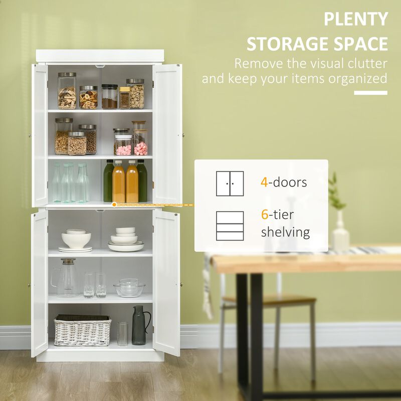 White Kitchen Cabinet: 72" Tall Pantry with 4 Doors & Shelves