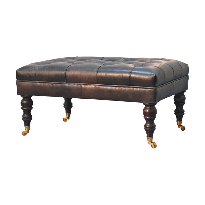 Artisan Furniture Solid Wood Buffalo Ash Black Leather Ottoman with Castor Legs
