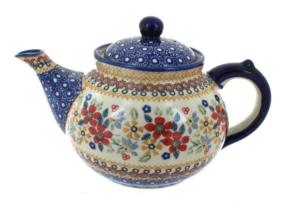 Blue Rose Polish Pottery Red Dahlia Teapot