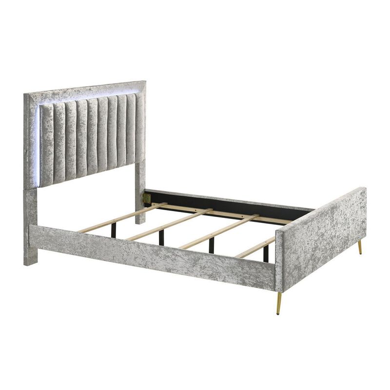 Benjara Gaze Queen Size Bed, Channel Tufted, LED, Legs, Upholstery, Gray and Gold