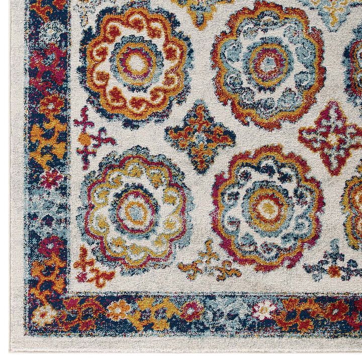 Entourage Odile Transitional Distressed Vintage Floral Moroccan Trellis 8x10 Area Rug - Ivory, Blue, Red, Orange, Yellow