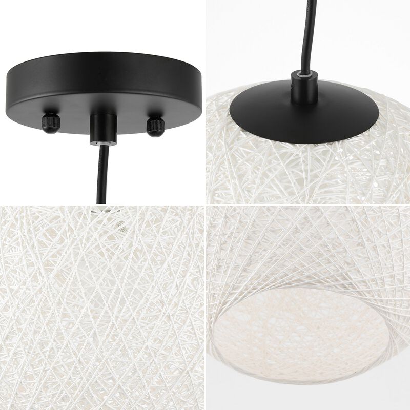 Lacey 16" 1-Light Bohemian Minimalist Iron/Rope Woven Globe LED Pendant, White/Black