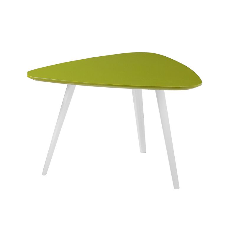 23 Inch Accent Table, Triangular Top, Green Lacquer Top and White Legs - Benzara