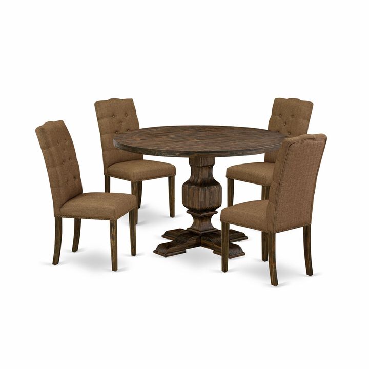 East West Furniture I3EL5-718 5Pc Dining Set - Round Table and 4 Parson Chairs - Distressed Jacobean Color
