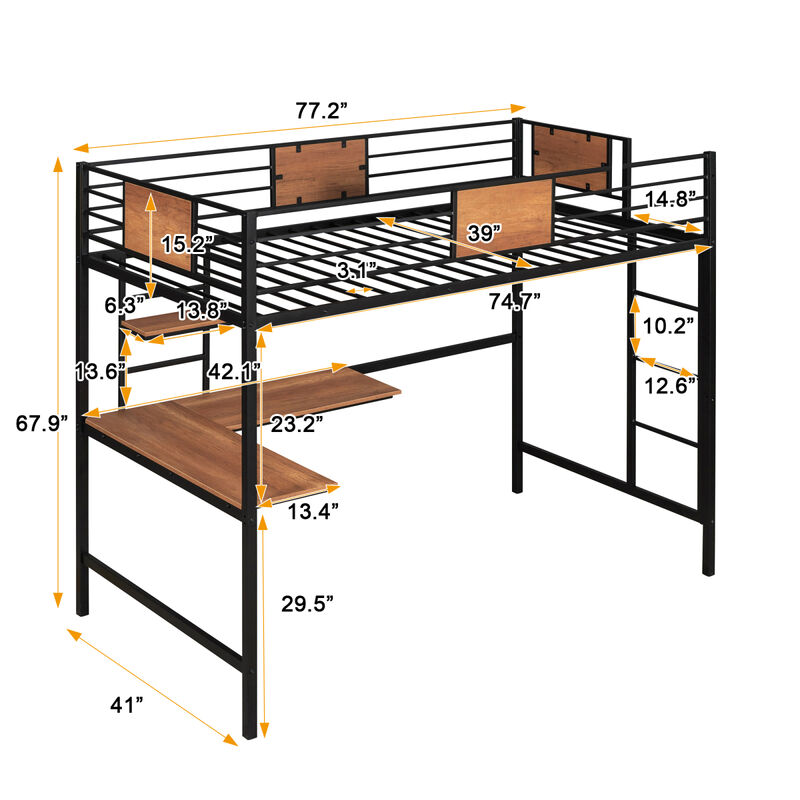 Twin Metal Loft Bed with Desk and Shelves