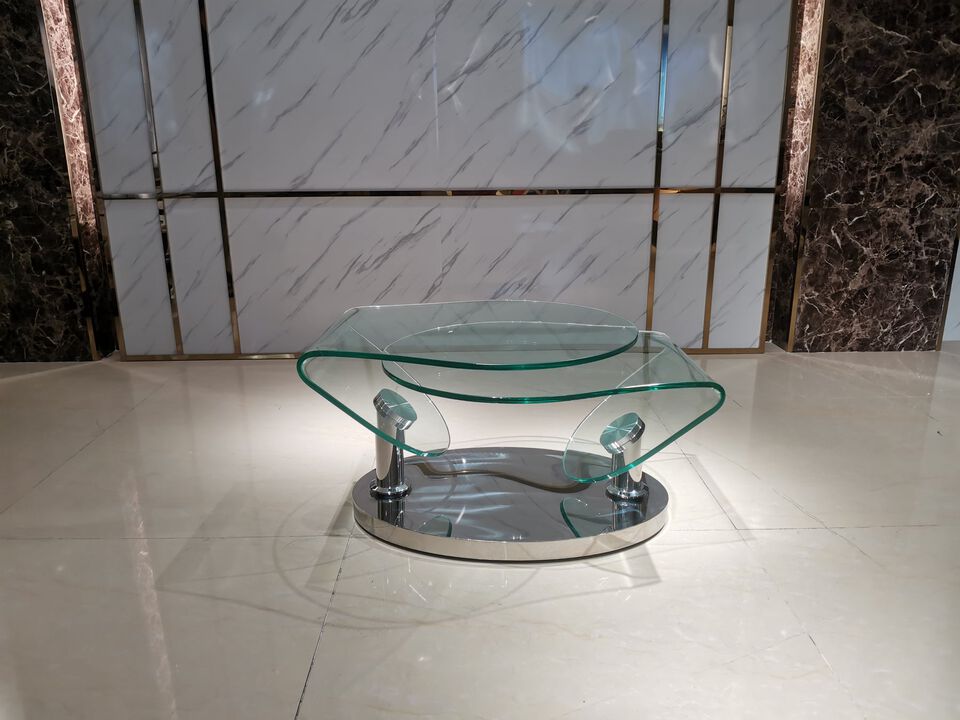 Motion coffee table wtih clear glass  top and chrome base
