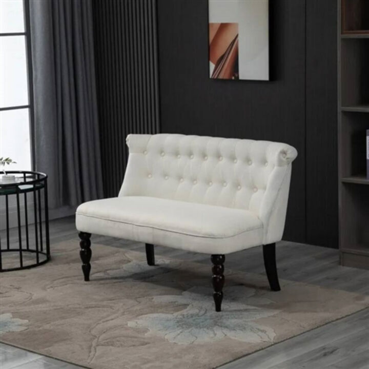 2 Seater Button Tufted Loveseat Wooden Legs Linen For Living Room