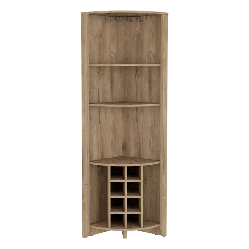 Essential Corner Bar Cabinet , Three Shelves, Eight Built-in Wine Rack, Two Side Shelves -Dark Brown