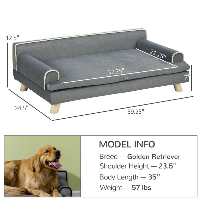 Grey Pet Lounger: Large Dog Sofa with Water-Resistant Fabric & Wooden Legs