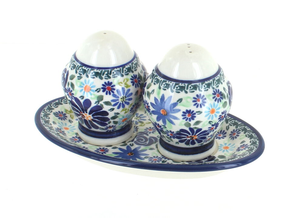 Blue Rose Polish Pottery Xena Salt & Pepper Shakers with Plate