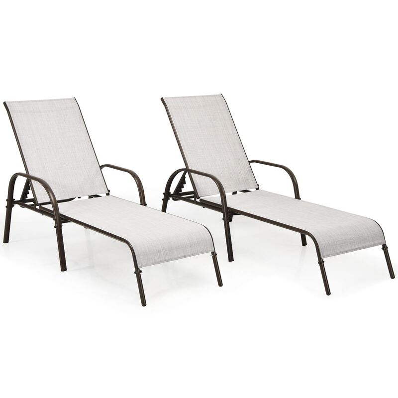 2 Pcs Outdoor Patio Lounge Chair Chaise Fabric with Adjustable Reclining Armrest