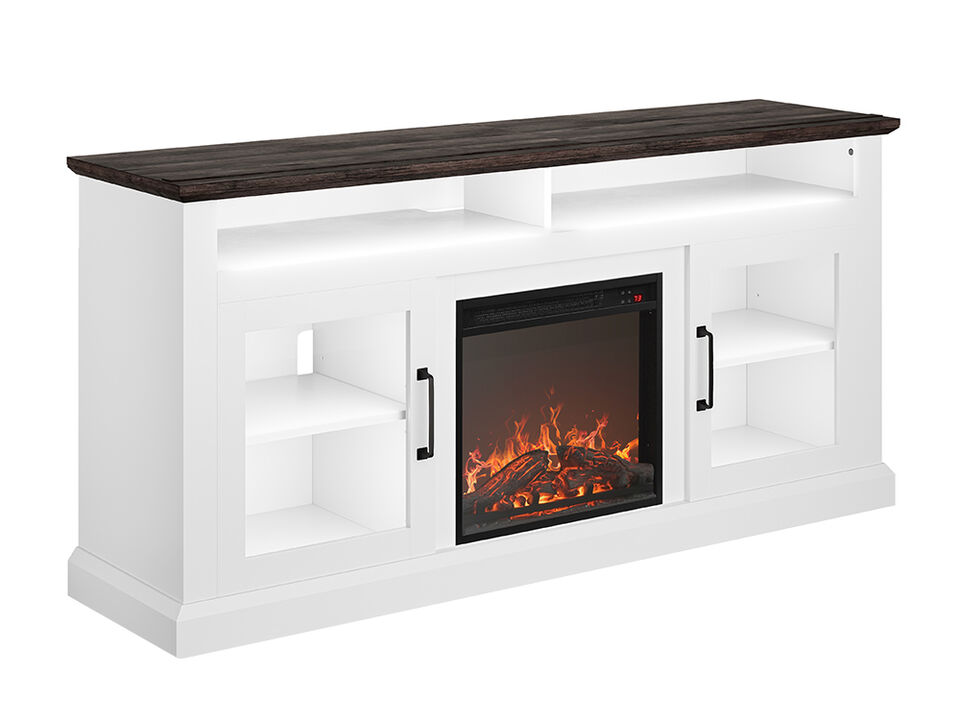 BELLEZE Modern 60" Traditional TV Stand with 18" Electric Fireplace Heater & Media Entertainment Center Console Table for TV up to 65" with Open Storage Shelves & Cabinets - Cayman (White)