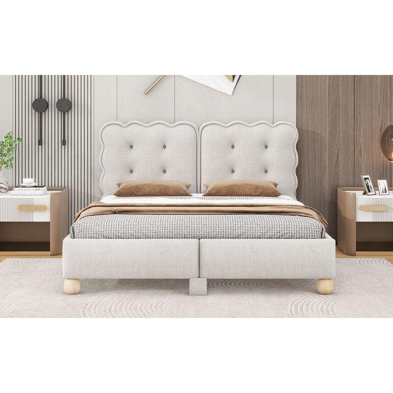 Queen Size Upholstered Platform Bed with Support Legs, Beige