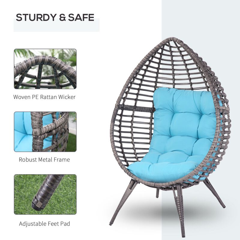 PE Rattan Egg Cuddle Chair with Soft Cushion, Height Adjustable Knob for Backyard, Patio, Sky Blue Teardrop Wicker Lounge Chair