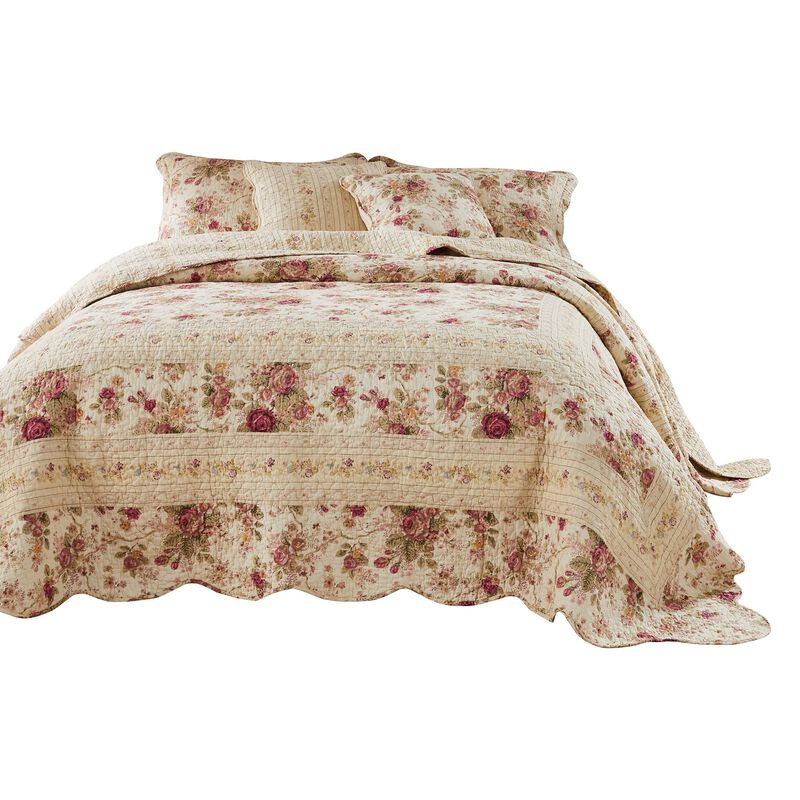 Rosle 3 Piece King Bedspread Set, Floral Print, Scalloped, Cream, Pink - Benzara