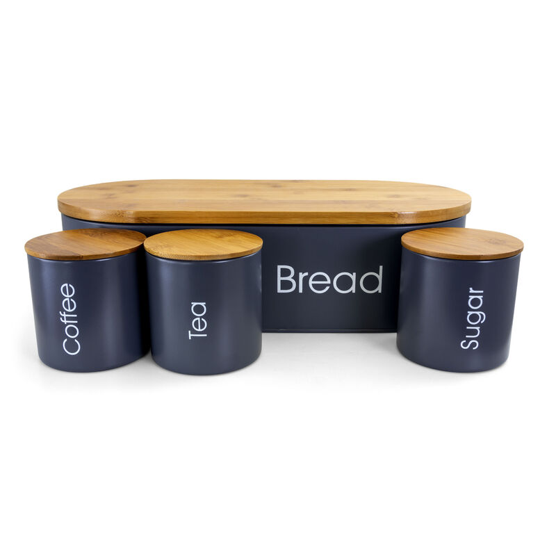 MegaChef Bamboo Kitchen Countertop 4 Piece Metal Bread Basket and Canister Set in Gray with Lids