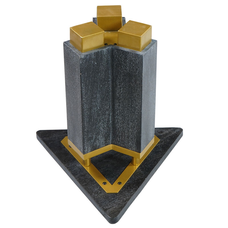 20 Inch Modern Side End Table, Handcrafted Triangular Shape, Gold Brass Trim, Sandblasted Black