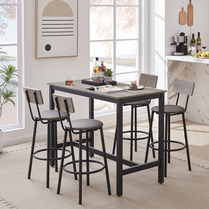 Bar Table Set with 4 Bar stools PU Soft seat with backrest, Grey, 47.24" L x 23.62" W x 35.43" H