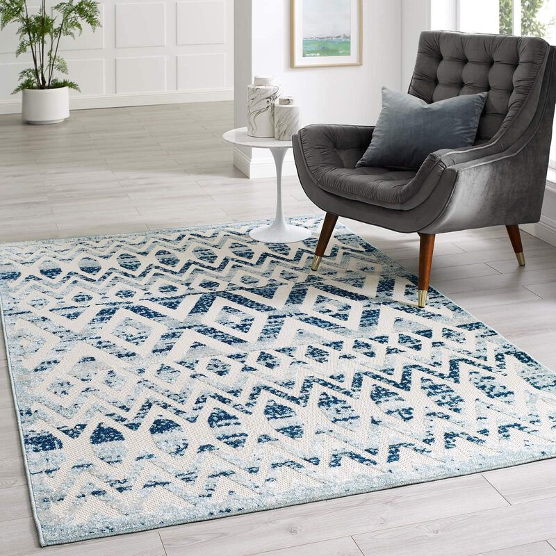 Reflect Tamako Distressed Vintage Diamond and Chevron Moroccan Trellis 5x8 Indoor and Outdoor Area Rug - Ivory and Blue