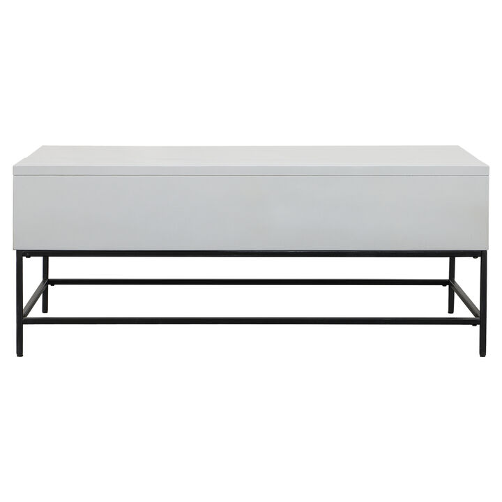 45 Inch Rectangular Mango Wood Coffee Table, Lift Top Storage, Iron Frame, White, Black