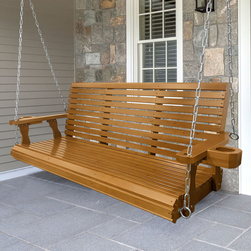 Wooden Porch Swing 3-Seater, Bench Swing with Cupholders, Hanging Chains and 7mm Springs, Heavy Duty 800 LBS, for Outdoor Patio Garden Yard, Brown-5 feet Extra Large