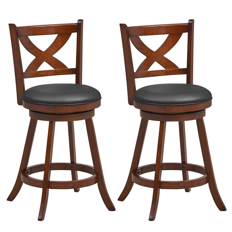 2 Pieces Classic Counter Height Swivel Bar Stool Set with X-shaped Open Back