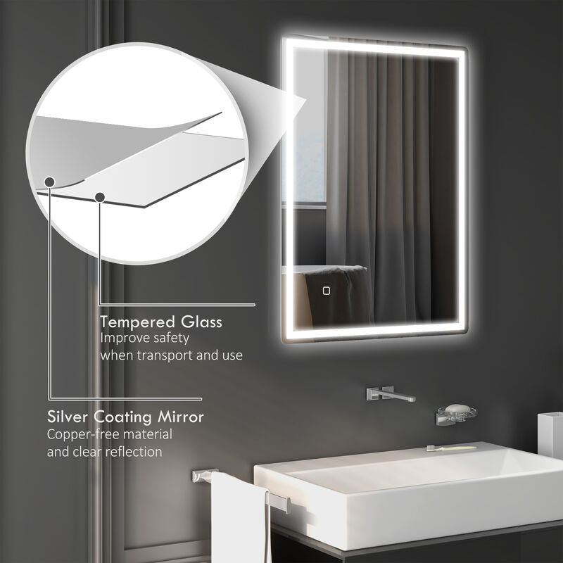 Dimmable Bathroom Mirror with LED Lights, 3 Colors, Defogging Film