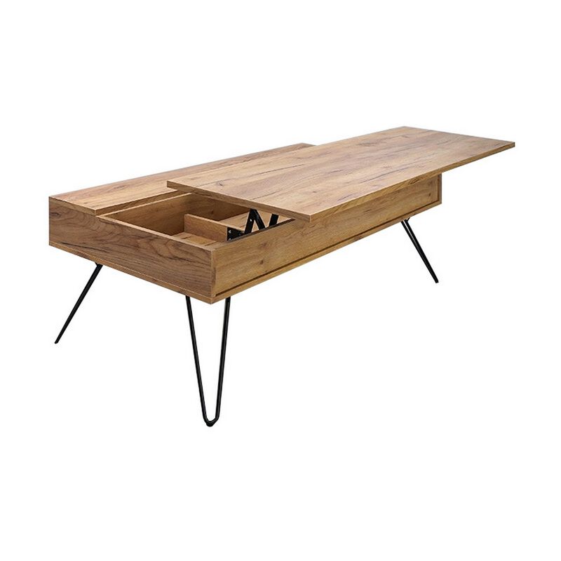 47 Inch Lift Top Coffee Table, Natural Brown Wood, 2 Storage Compartments-Benzara