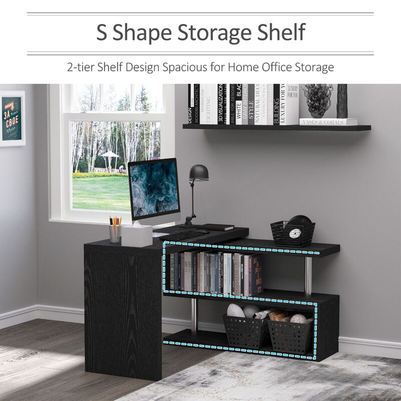 Black Home Office Hub: 360° Rotating L-Shaped Desk with Storage Shelves