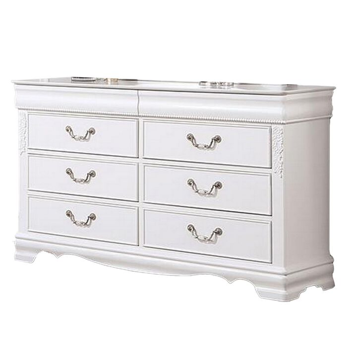 Benjara Aleci 54 Inch Wide Dresser Chest, 6 Drawers, Carved Detail, Wood, White and Nickel