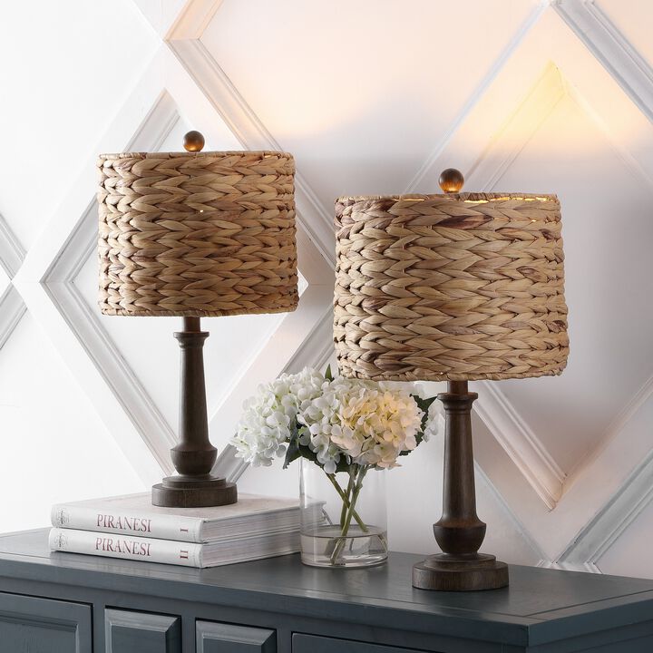 Leona 21.25" Rustic Farmhouse Handwoven Rattan/Resin LED Table Lamp, Brown Wood Finish (Set of 2)