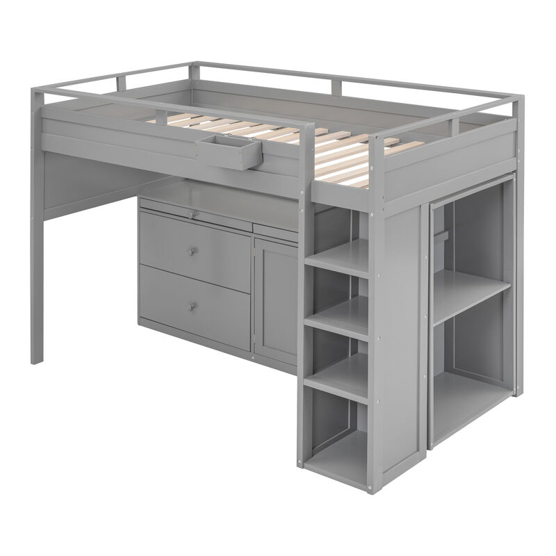 Loft Bed with Rolling Cabinet and Desk - Gray