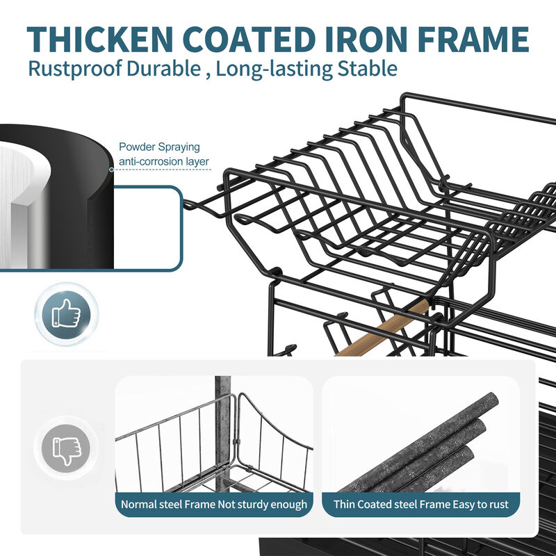 Adjustable Dish Rack With Bamboo Handle Black