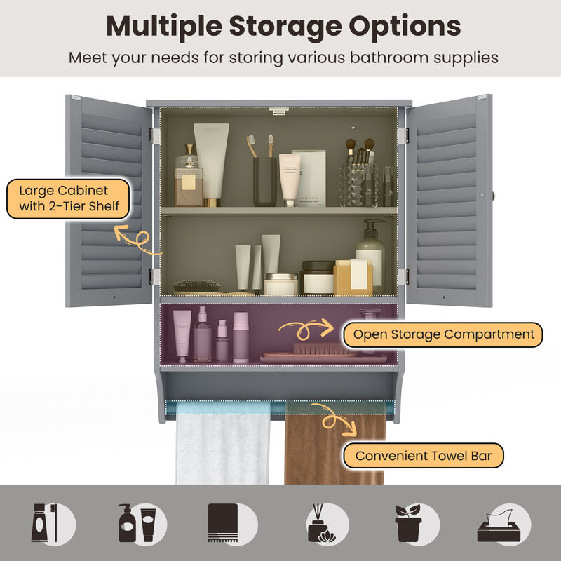 2-Doors Bathroom Wall-Mounted Medicine Cabinet with Towel Bar