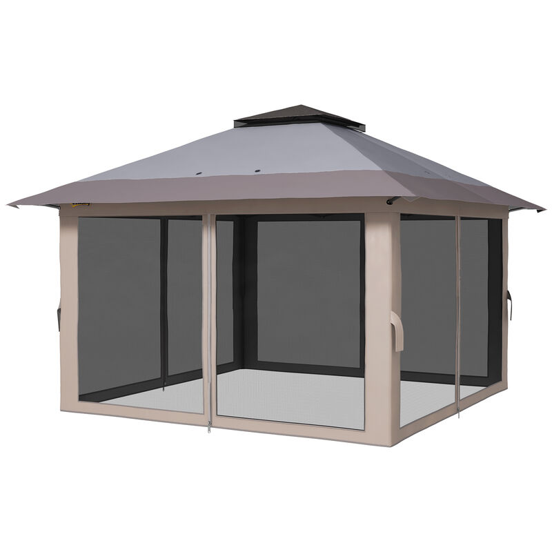 Outsunny 13' x 13' Pop Up Gazebo with Netting, Instant Canopy Tent Shelter with 2-Tier Roof,  Wheeled Carry Bag, Water/Sand Bag for Outdoor, Garden, Parties, Light Gray