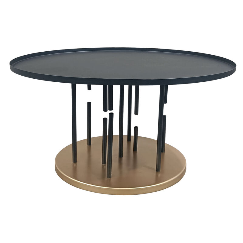 Neci 31 Inch Coffee Table, Round Matte Black Tray Top, Modern Rod Supports with Brass Base - Benzara