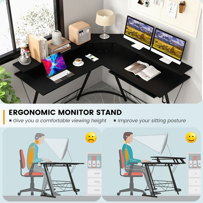 L-shaped Computer Desk with Power Outlet and Monitor Stand