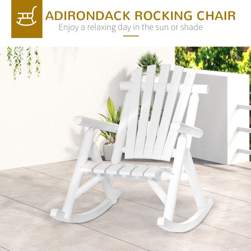 White Rustic Adirondack Rocking Chair, Indoor Outdoor Log Rocker with Slatted Design, Lawn